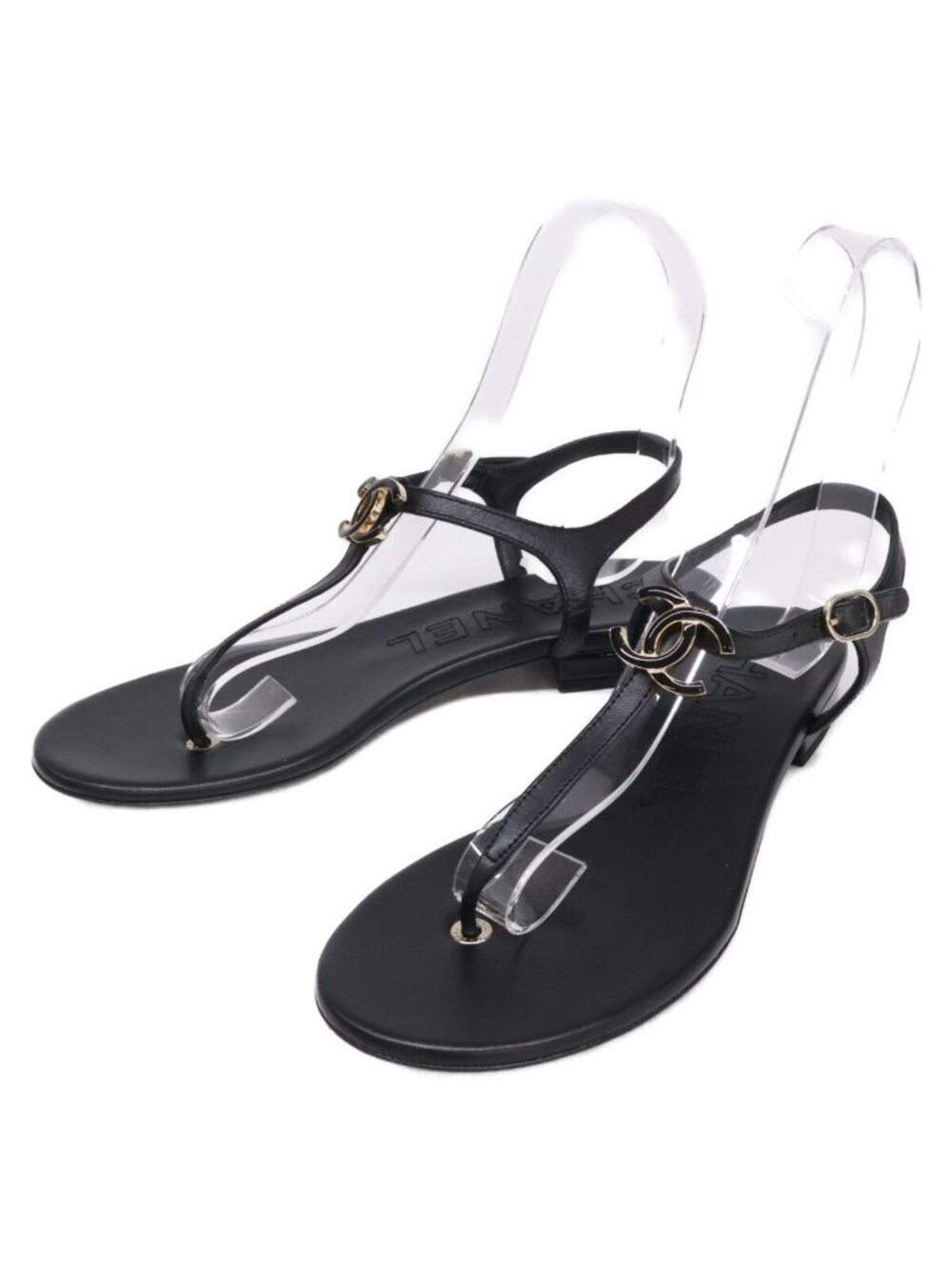 Chanel CC Logo Leather Ankle Strap Thong Sandals